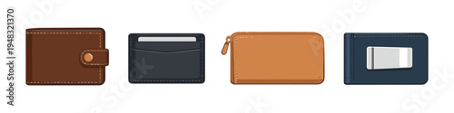Collection of four different styles of wallets and cardholders on a white background
