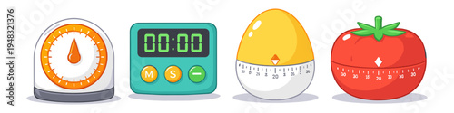 Collection of four diverse kitchen timers, including analog, digital, egg, and tomato shapes