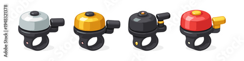 Collection of four colorful bicycle bells with black bases and silver, gold, black, and red tops