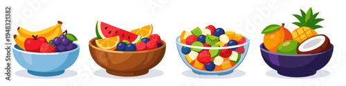 Four bowls filled with various fresh fruits and fruit salad, presented on a white background