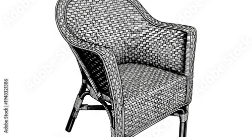 Detailed wicker chair illustration with intricate woven pattern.