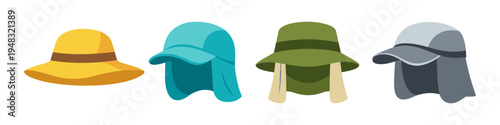 Collection of four different sun protection hats for outdoor activities