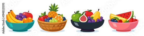Assortment of fresh fruits in colorful bowls and a basket, healthy eating concept