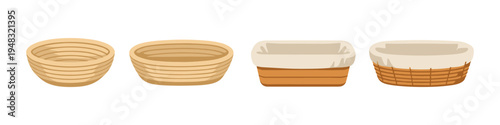 Collection of four different bread proofing baskets for baking sourdough bread
