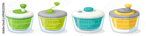 Collection of four colorful salad spinners with different lid designs and mechanisms