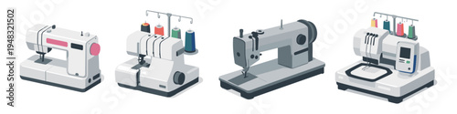 Collection of four different sewing machines in isometric view on white background