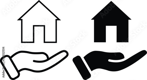 A graphic illustration of hands holding houses in black and white.