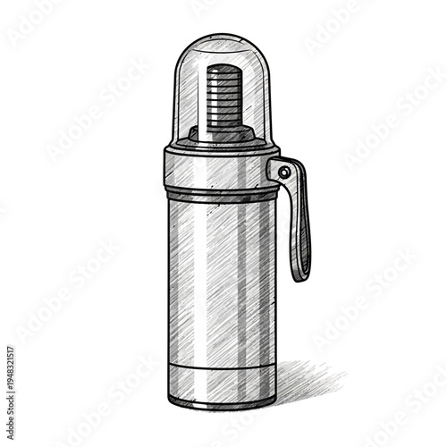 Hand-drawn illustration of a vintage thermos bottle with a glass lid