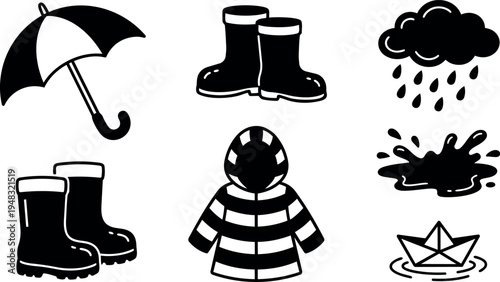 Black and white vector icons of umbrella rain boots puddle paper boat and striped raincoat set