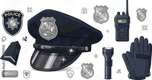 Detailed Police Hat, Badge, Radio, Gloves, and Equipment for Law Enforcement and Police Gear Designs.