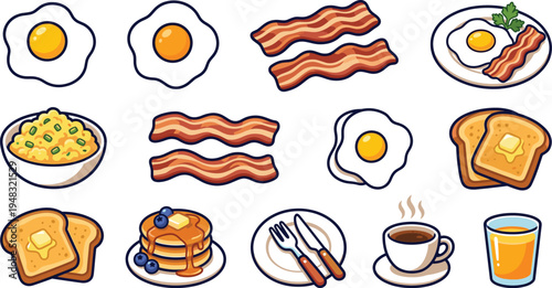 Breakfast Food Icon Set with Fried Eggs Bacon Toast Pancakes Coffee Juice and Scrambled Eggs Morning Meal Vector Illustration Collection