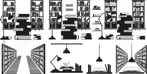 Library interior silhouette set with bookshelf reading lamp open book study room literature knowledge illustration collection