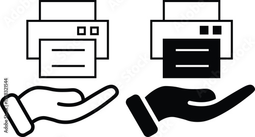 A graphic illustration of printers and hands representing document printing and exchange.