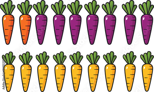 Carrot Vegetable Collection with Orange Yellow and Purple Carrots Fresh Organic Farm Produce Healthy Food Vector Illustration Set