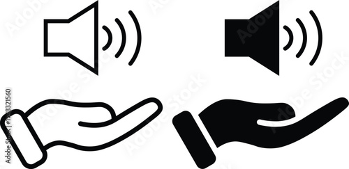 A graphic illustration of hands presenting information through speakers