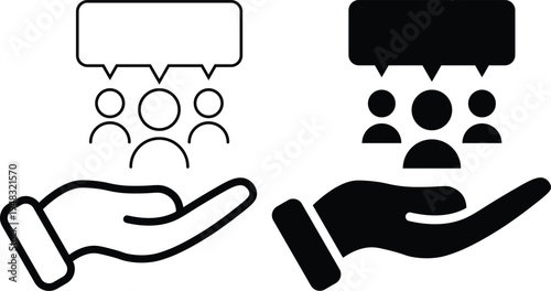 A graphic illustration of hands presenting groups of people with speech bubbles.