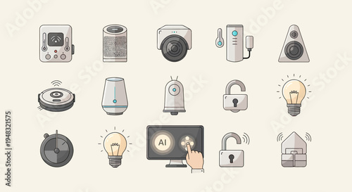 Flat icons of smart home devices and technology elements on a neutral background