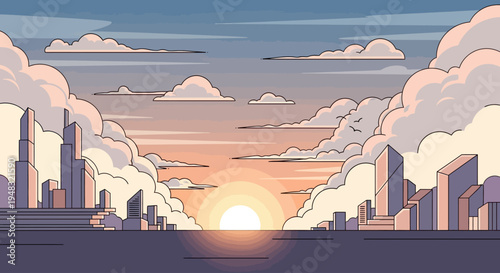 A stylized cityscape emerges from a calm sea under a vibrant sunset and dramatic clouds