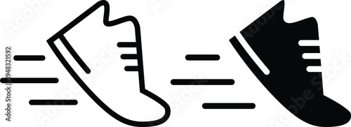 A minimalist illustration of two running shoes in motion, one black and one white.