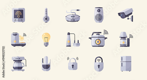 Various smart home devices and appliances illustrated in a flat design style