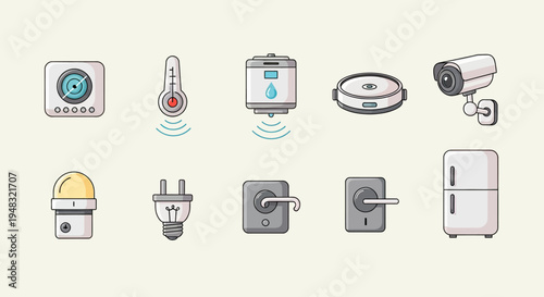 Diverse smart home device icons including security, climate, lighting, and appliance tech