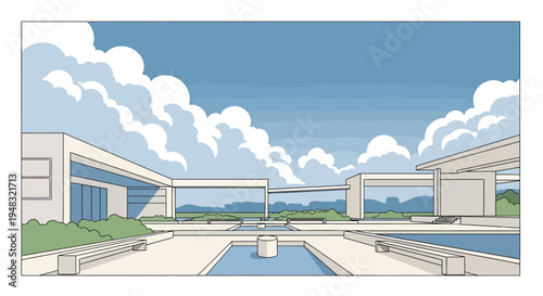 Modern architectural complex with geometric pools, seating, and lush greenery under clouds
