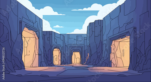 Ornate stone arches leading into glowing, mysterious chambers under a cloudy sky