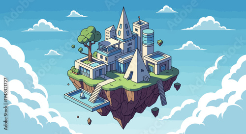 Isometric floating island city with modern architecture and blue sky