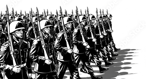 Marching Soldiers - A United Front in Black and White.