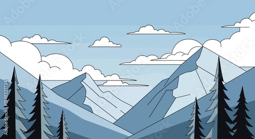 Stylized mountain range with evergreen trees and clouds against a blue sky