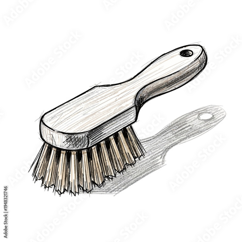 Hand-drawn wooden cleaning brush with bristles and shadow