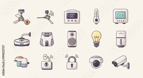Collection of stylized icons representing smart home devices and security systems (1)