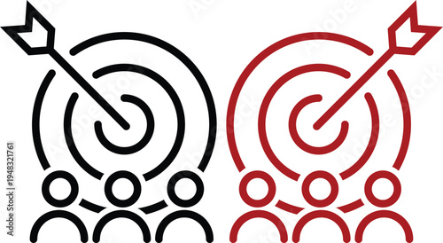 A graphic illustration of two groups of people with targets and arrows, one in black and one in red, symbolizing focus and goal achievement.