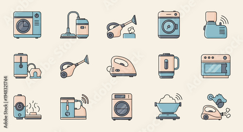 Collection of stylized household appliances, including washers, vacuums, and steamers