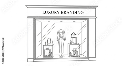 Elegant Luxury Branding Storefront Sketch with Mannequin and Accessories.