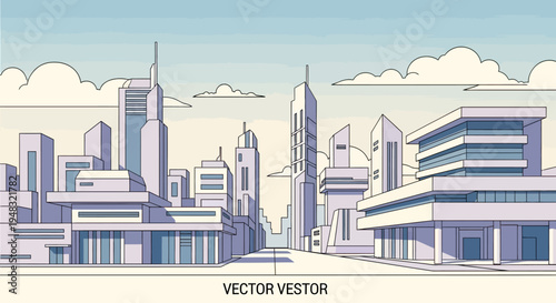 A futuristic cityscape with geometric buildings under a pale blue sky