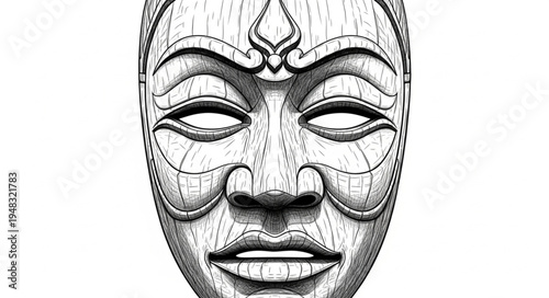 Intricate Carved Wooden Mask with Detailed Facial Features.