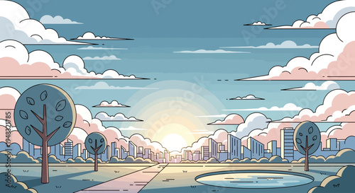 Stylized cityscape with trees and clouds at sunrise
