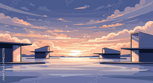 Modern structures reflected on serene water at sunset