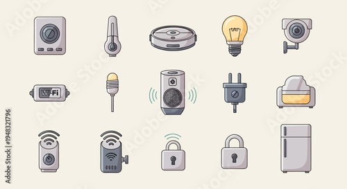 Diverse collection of stylized smart home devices, including speakers, cameras, locks, and appliances