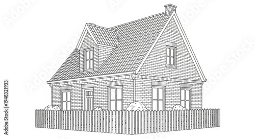 Detailed Line Art Depiction of a Quaint House with Fence.
