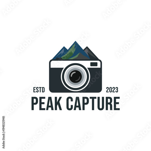 This logo showcases a camera with majestic mountains in the background, symbolizing adventure and peak photography that inspires outdoor enthusiasts and nature lovers alike.