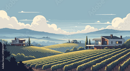 Golden vineyards stretch across rolling hills toward distant mountains under a cloudy sky