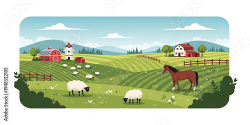 Scenic Farm Landscape with Barn Windmill Grazing Sheep and Horse Rolling Green Hills Countryside Agriculture Illustration Background Design