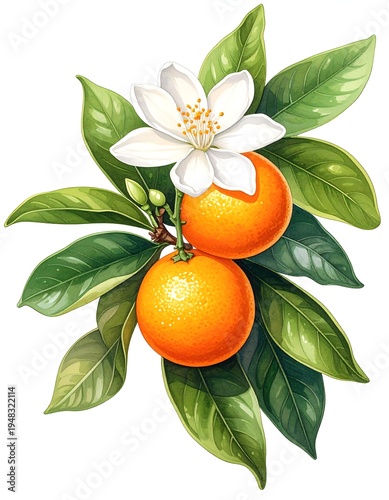 Oranges and blossom with leaves, detailed vector illustration, bright, fresh, citrus fruit