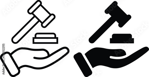 A graphic illustration of justice and law with gavel and hand icons on a white background