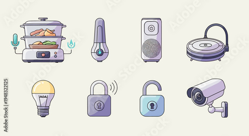 Assortment of smart home devices including cooking appliances, security, and lighting