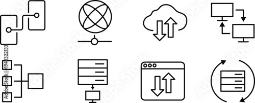 A collection of black and white line icons depicting various computer and internet concepts.