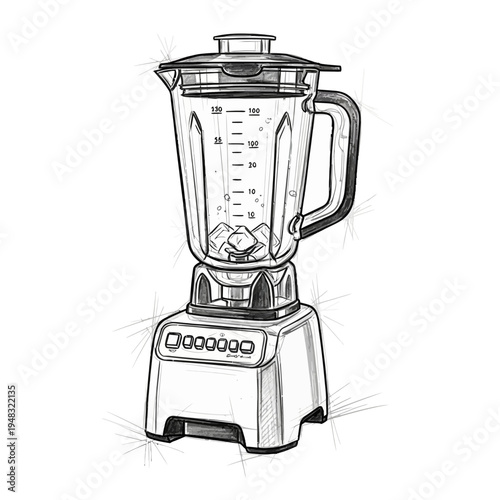 Sketch of a modern kitchen blender with ice cubes inside, isolated on white background.