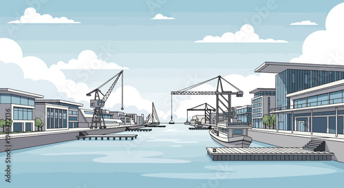 Modern harbor with cranes, buildings, boats, and a sailboat under a cloudy sky
